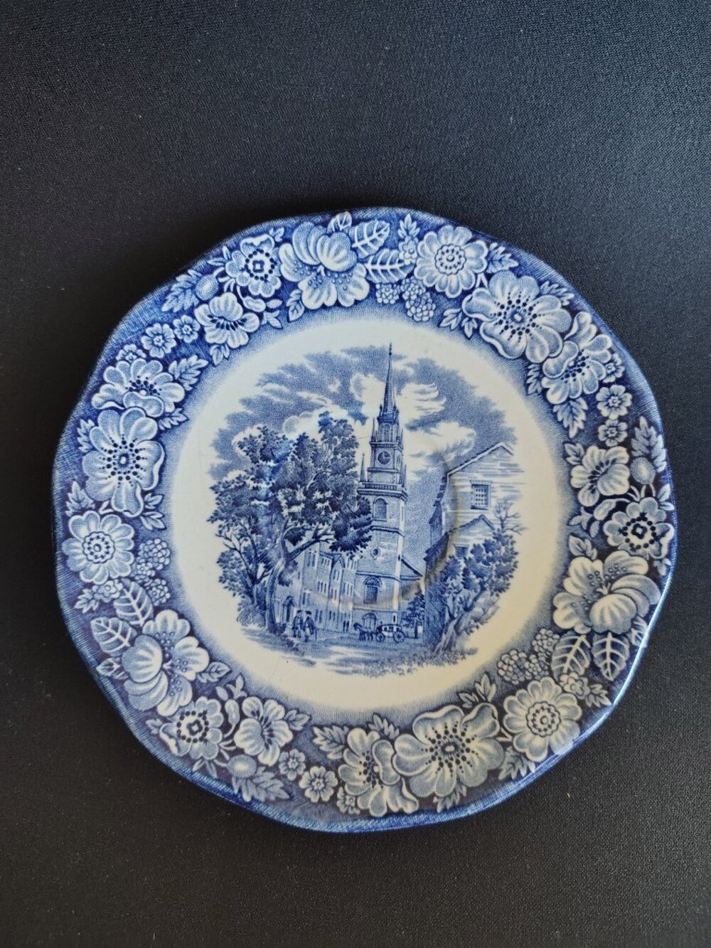 Vintage Staffordshire Liberty Blue Saucer old north church set of 4